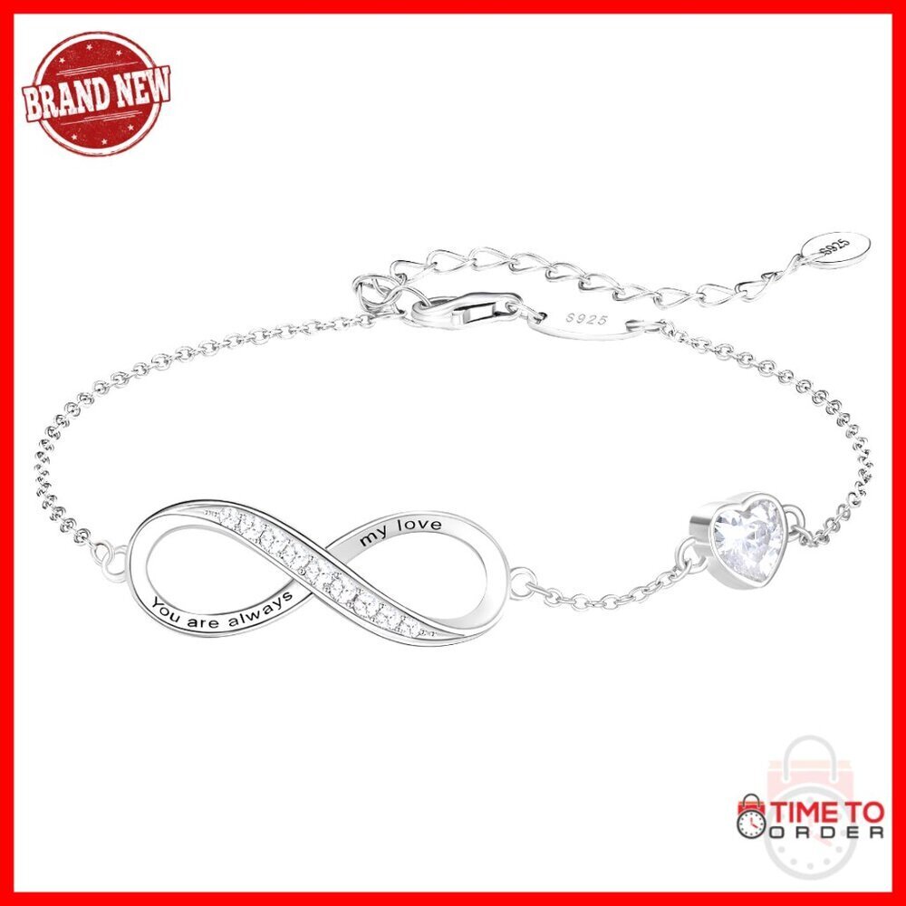 Sterling Silver Infinity Heart Charm Bracelet Adjustable 6.5-8.5 Inches